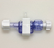Delta-Flow™ II 3cc male flow-through flush device with Snap Tab™. Blue tint, white caps and clip. Model 150-204